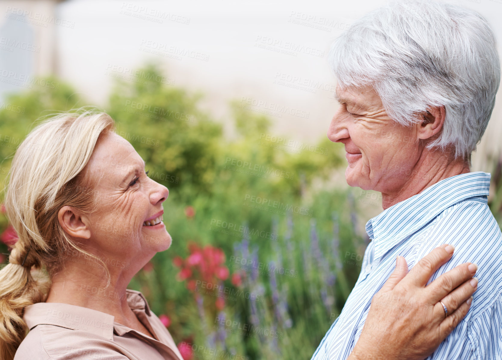 Buy stock photo Romantic, love or happy senior couple in park to relax, care or enjoy bonding together in retirement. Nature, mature woman or elderly man in garden for trust, support or peace in marriage commitment