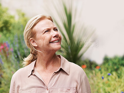 Buy stock photo Smile, thinking and senior woman in garden with vision, reflection or remember past memory. Retirement planning, nature and happy person with idea, dream and mindset for hope outdoor with nostalgia