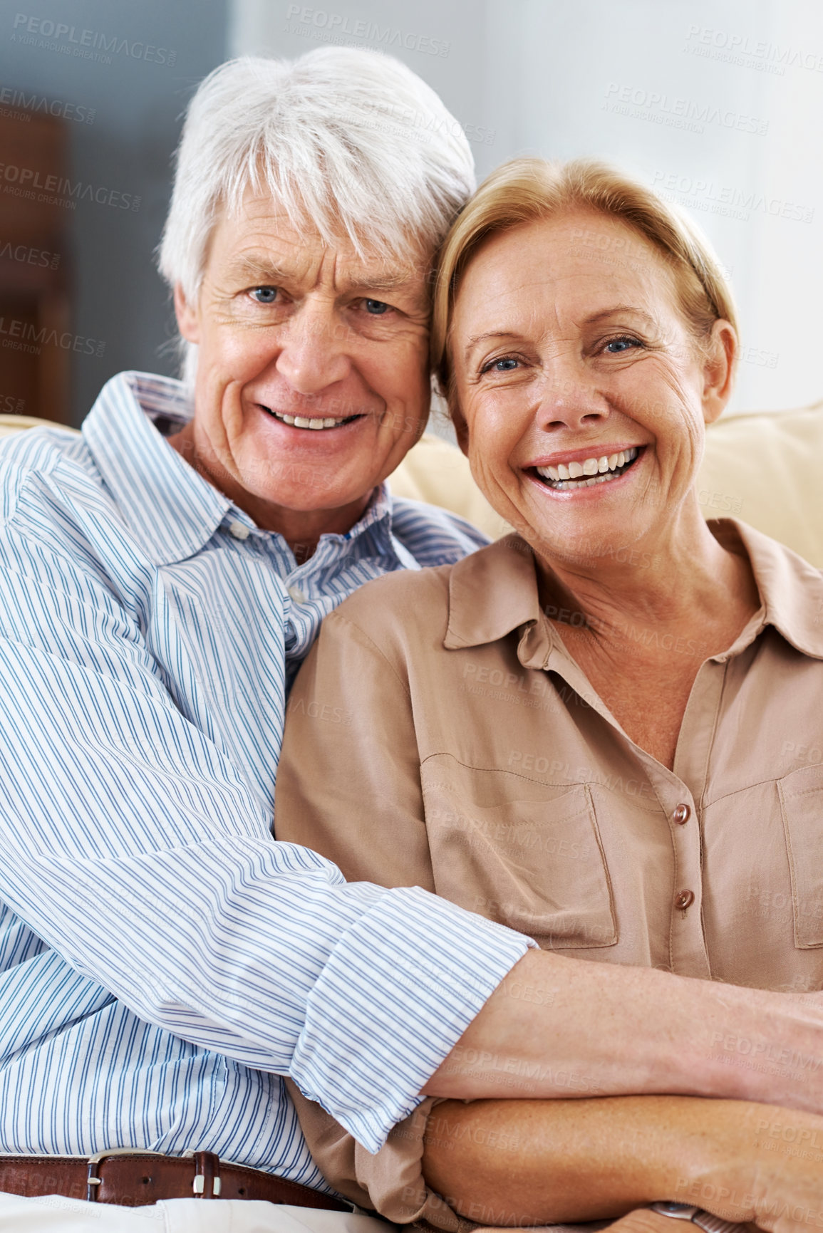 Buy stock photo Smile, hug and portrait of senior couple in home for love, support and bonding together. Face, man and happy woman embrace for connection, trust and laughing for marriage with partner in retirement