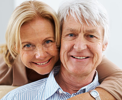Buy stock photo Close up of a happy senior couple smiling at the camera