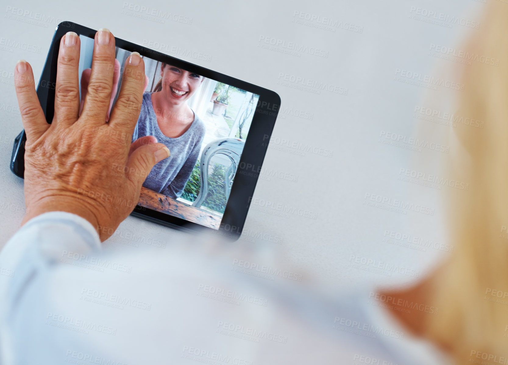 Buy stock photo Hand, elderly person and phone screen for video call with family, communication or online service on retirement. Senior, contact and woman smile for love connection, social media and bonding at house