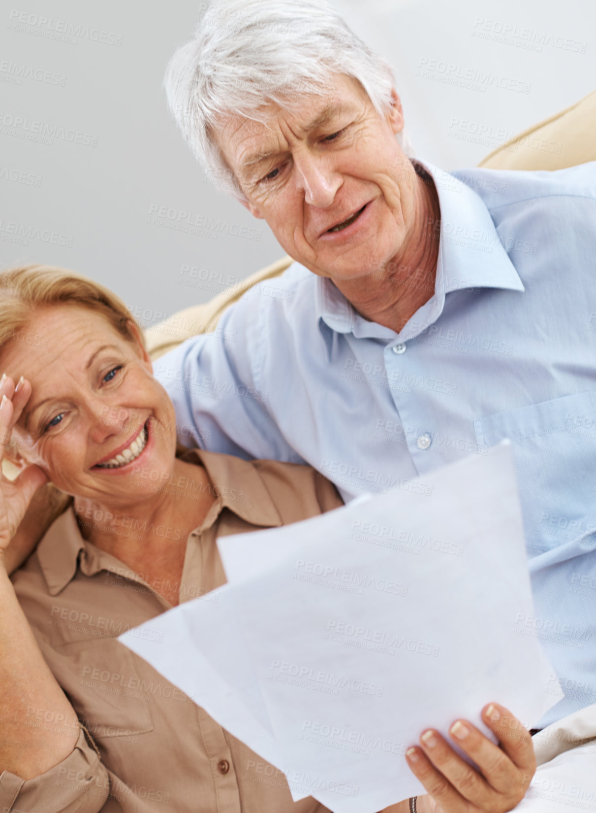 Buy stock photo Happy, senior couple and document at house for financial security, mortgage payment and loan application. Smile, elderly people and paperwork for retirement planning, review savings and bills funding