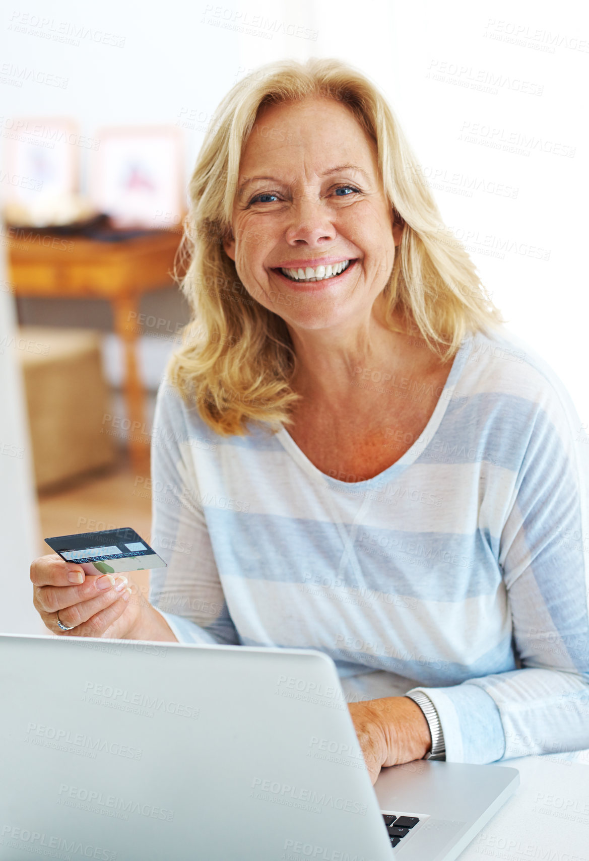 Buy stock photo Old woman, portrait and credit card for laptop purchase in home, online shopping and app checkout. Female person, transaction and payment for travel booking, order goods and website for banking