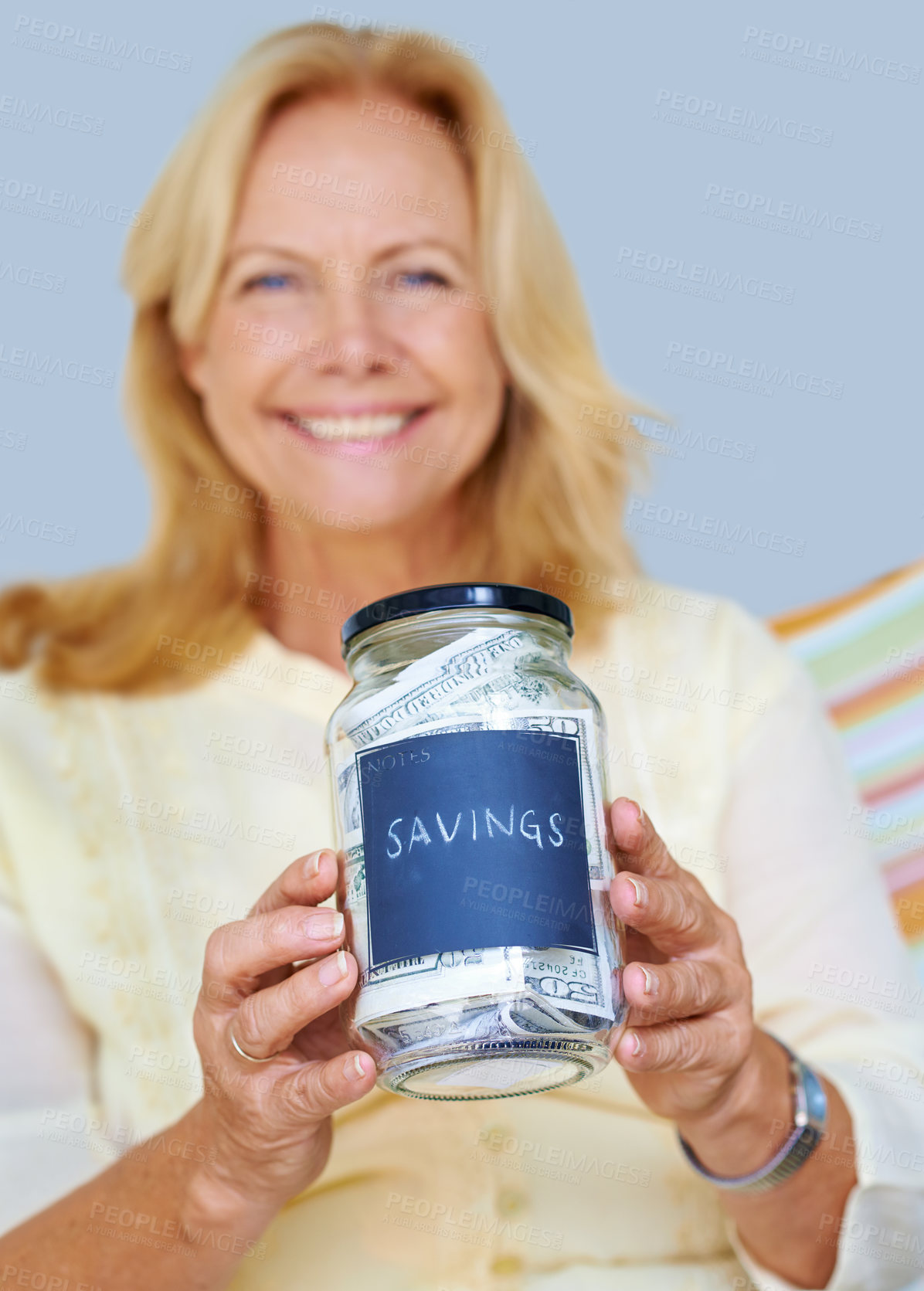 Buy stock photo Savings, dollars and portrait of senior woman in home for finance or cash for retirement. Security, paper and elderly person in living room with budget, money and notes or jar for bank or investment