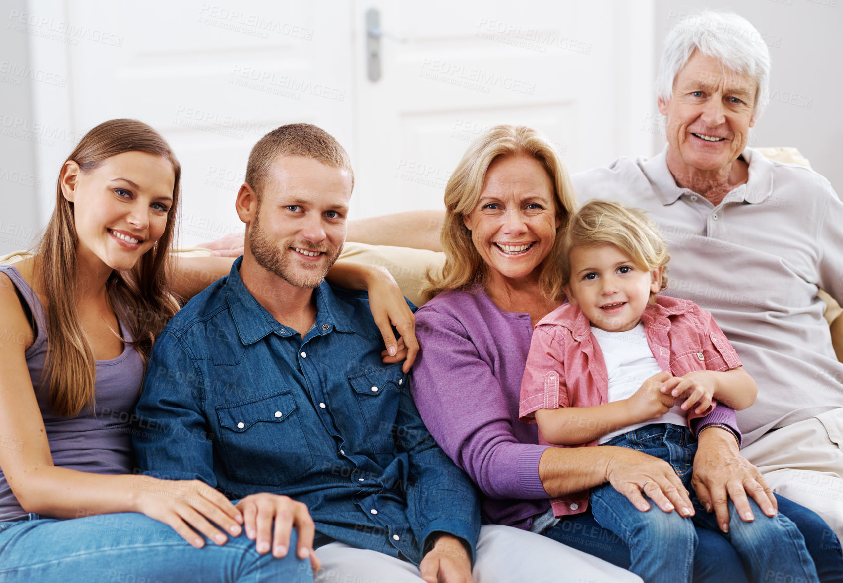 Buy stock photo Happy, family and portrait with child on sofa for support, love and trust or care in home. Woman, man or kid and senior people in lounge or couch for relationship, bonding and smile for reunion