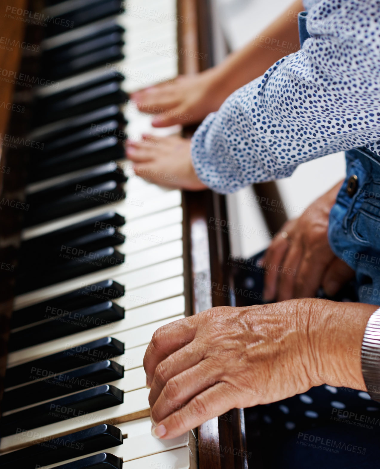 Buy stock photo Piano, hands and learning in home for music, development and practice with teaching closeup. Keyboard, creative and child or kid with teacher and instrument for sound, talent and audio for art