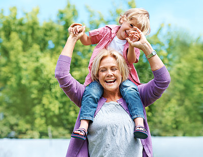 Buy stock photo Happy, fun and piggyback with grandmother and grandson for bonding, playful and affectionate. Free time, weekend and generations with old woman and young boy for family, laughing and happiness