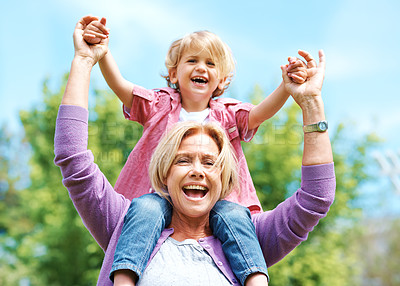 Buy stock photo Happy, smile and piggyback with grandmother and grandson for bonding, fun and affectionate. Free time, weekend and generations with old woman and young boy for family, laughing and happiness