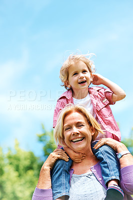 Buy stock photo Happy, playful and piggyback with grandmother and grandson for bonding, fun and affectionate. Free time, weekend and generations with old woman and young boy for family, laughing and happiness