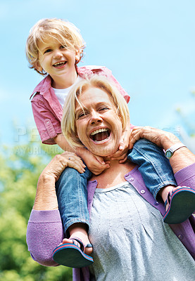 Buy stock photo Happy, laughing and piggyback with grandmother and child for bonding, fun and affectionate. Free time, weekend and generations with old woman and young boy for family, playful and happiness