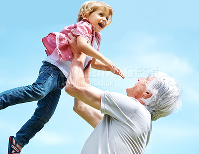 Buy stock photo Smile, lifting and laugh with grandfather and grandson for bonding, affectionate and free time. Happiness, fun and playing with old man and young boy for family, generations and carefree mockup