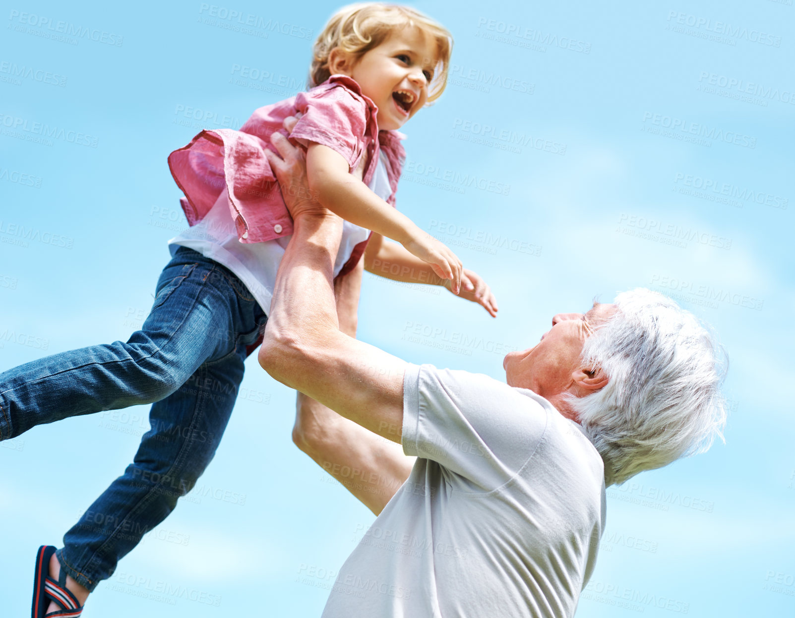 Buy stock photo Smile, lifting and laugh with grandfather and grandson for bonding, affectionate and free time. Happiness, fun and playing with old man and young boy for family, generations and carefree mockup