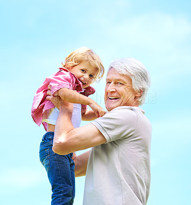 Buy stock photo Happy, lifting and portrait of grandfather and grandson for bonding, affectionate and free time. Happiness, fun and playing with old man and young boy for family, generations and blue sky mockup