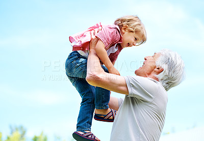 Buy stock photo Happy, lifting and playful with grandfather and grandson for bonding, affectionate and free time. Happiness, fun and playing with old man and young boy for family, generations and carefree mockup