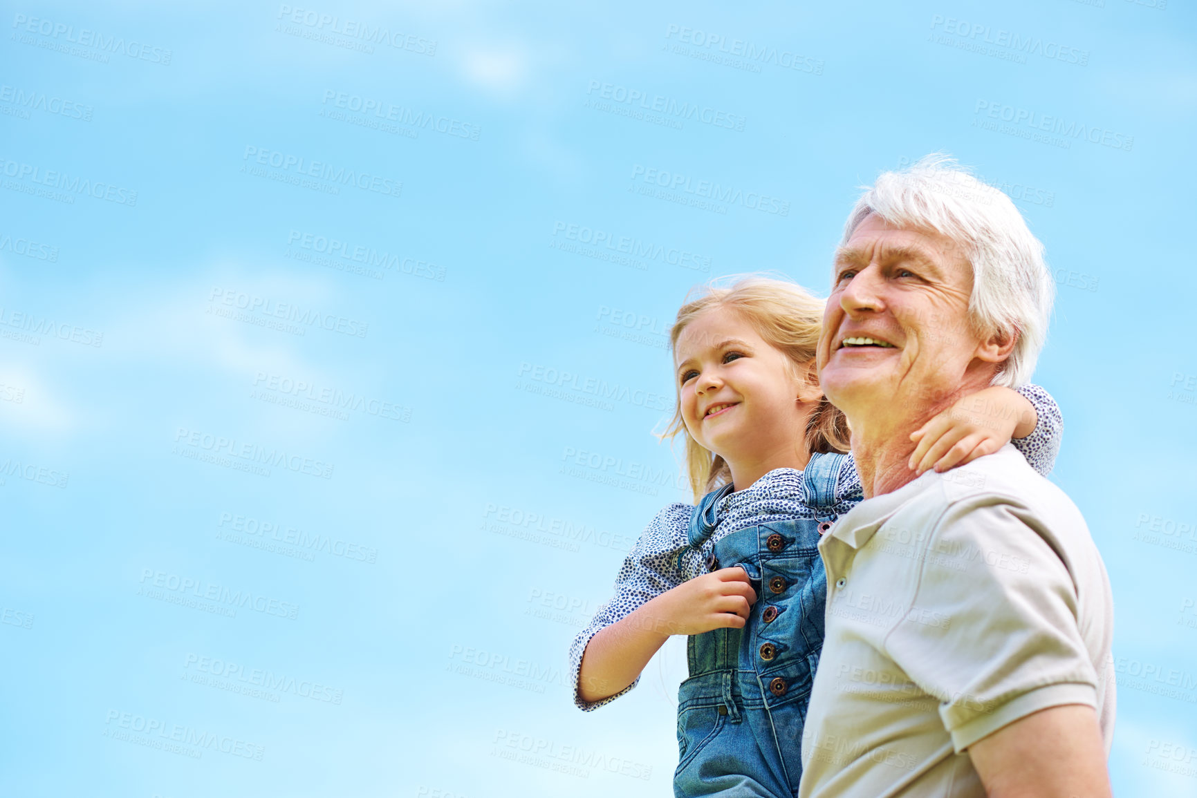 Buy stock photo Sky space, grandfather and child in park for playing, love or bonding together with senior man to relax. Outdoor nature, view or proud grandpa with support, security or smile with family, kid or girl