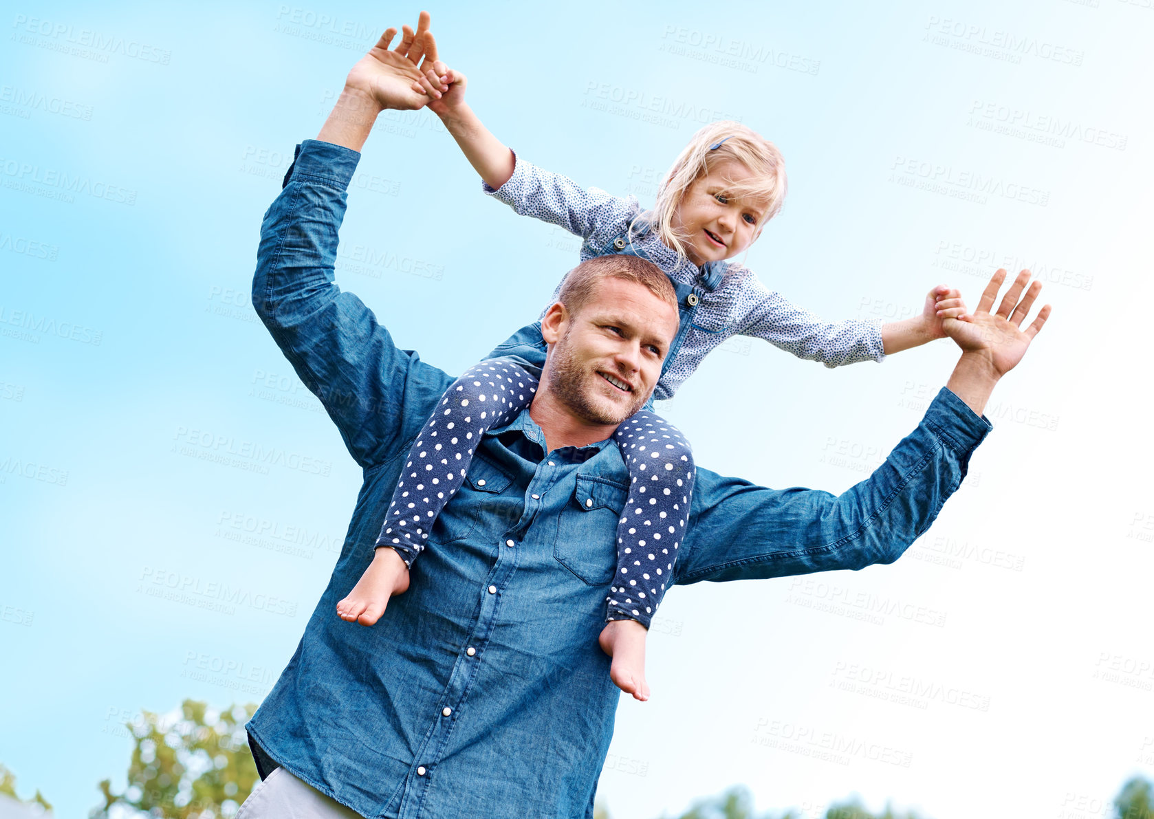 Buy stock photo Happy, man and child on shoulders in garden for love, growth and support for development. Blue sky, family and father or trust in backyard or countryside for balance, games and together for playing