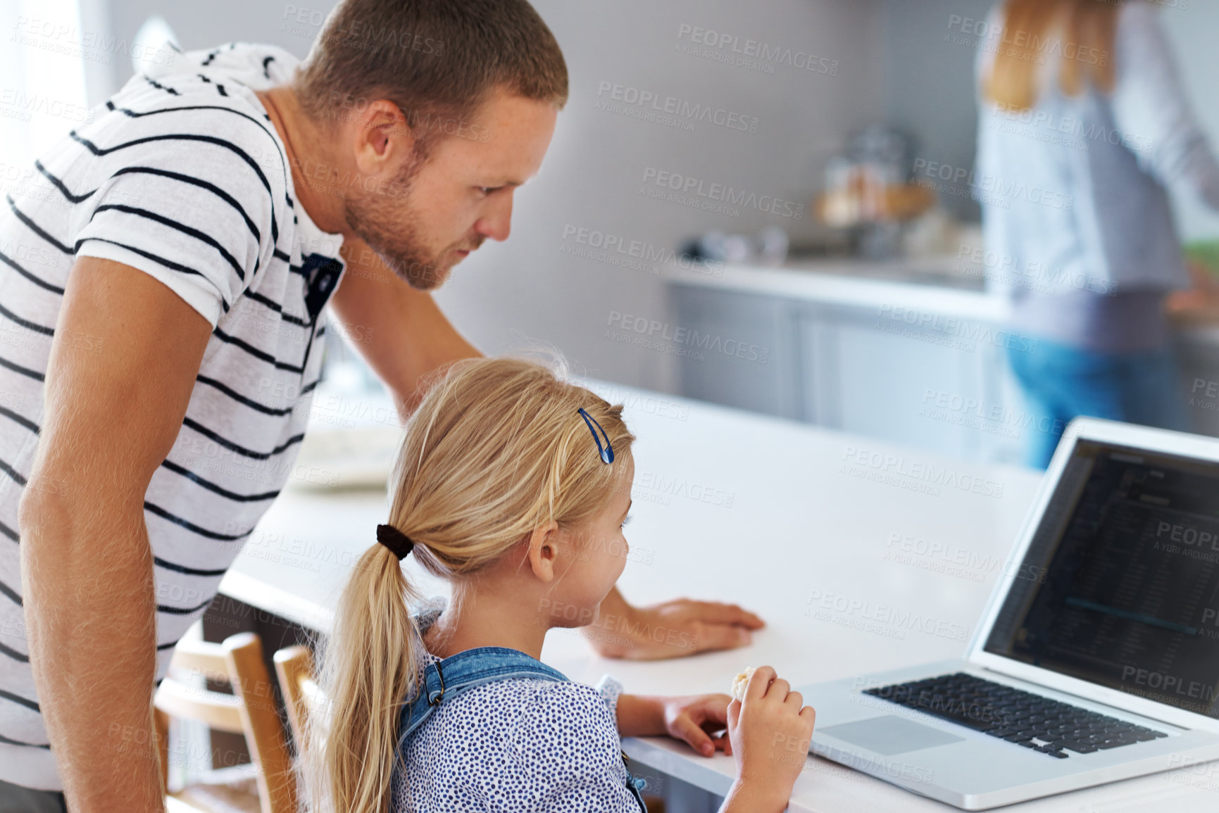 Buy stock photo Father, girl or child on laptop for online class, remote education or e learning in home for help. Virtual school, support or kid student typing on technology on teaching platform with dad or parent