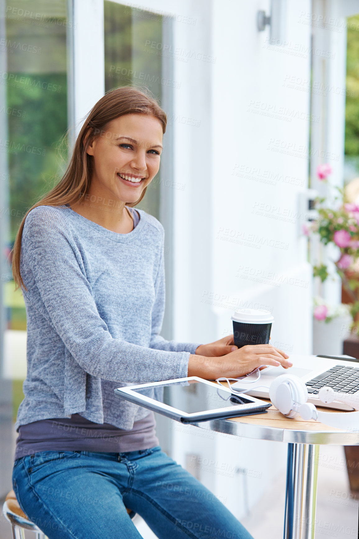 Buy stock photo Portrait, laptop and happy woman at outdoor cafe for hybrid work with digital nomad on internet. Computer, drink and freelancer at coffee shop for email, research and journalist writing news article