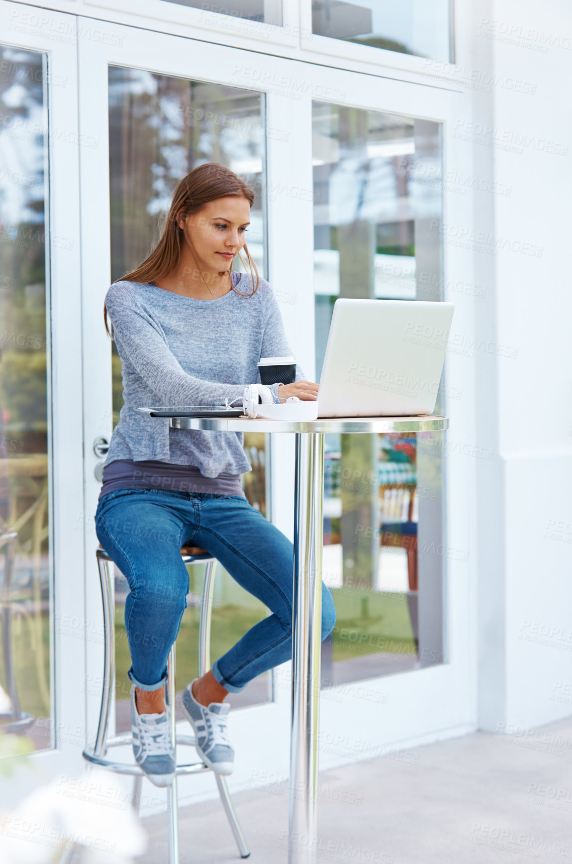 Buy stock photo Remote work, laptop and woman at outdoor cafe for restaurant review, update or info on internet. Computer, drink and freelancer at coffee shop for email, research and journalist writing news article