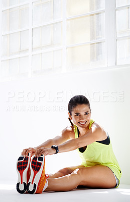 Buy stock photo Happy woman, portrait and stretching with warm up for fitness, training or workout on a wall background. Young female person with smile or sportswear in preparation for exercise, health and wellness