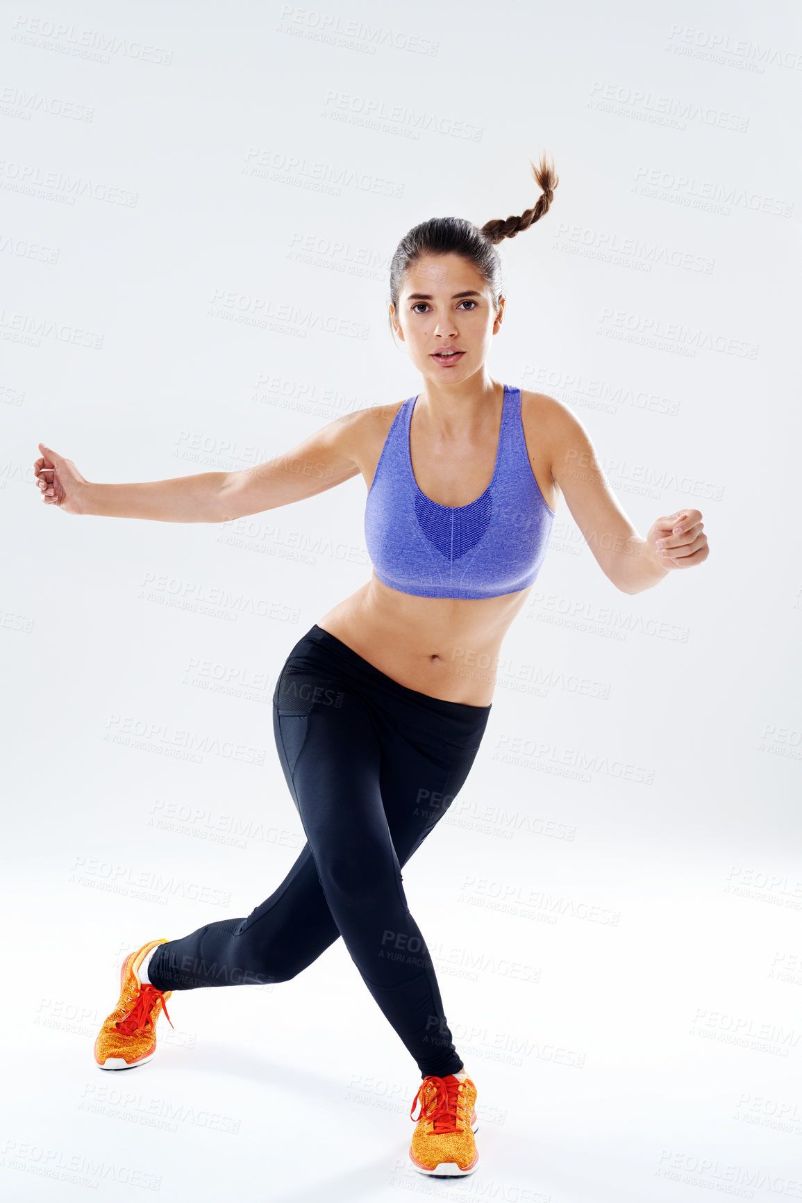 Buy stock photo Portrait, woman and dance by studio for fitness, balance and flexibility with movement for wellness. Girl, workout and training for cardio health with aerobic exercise, endurance and white background