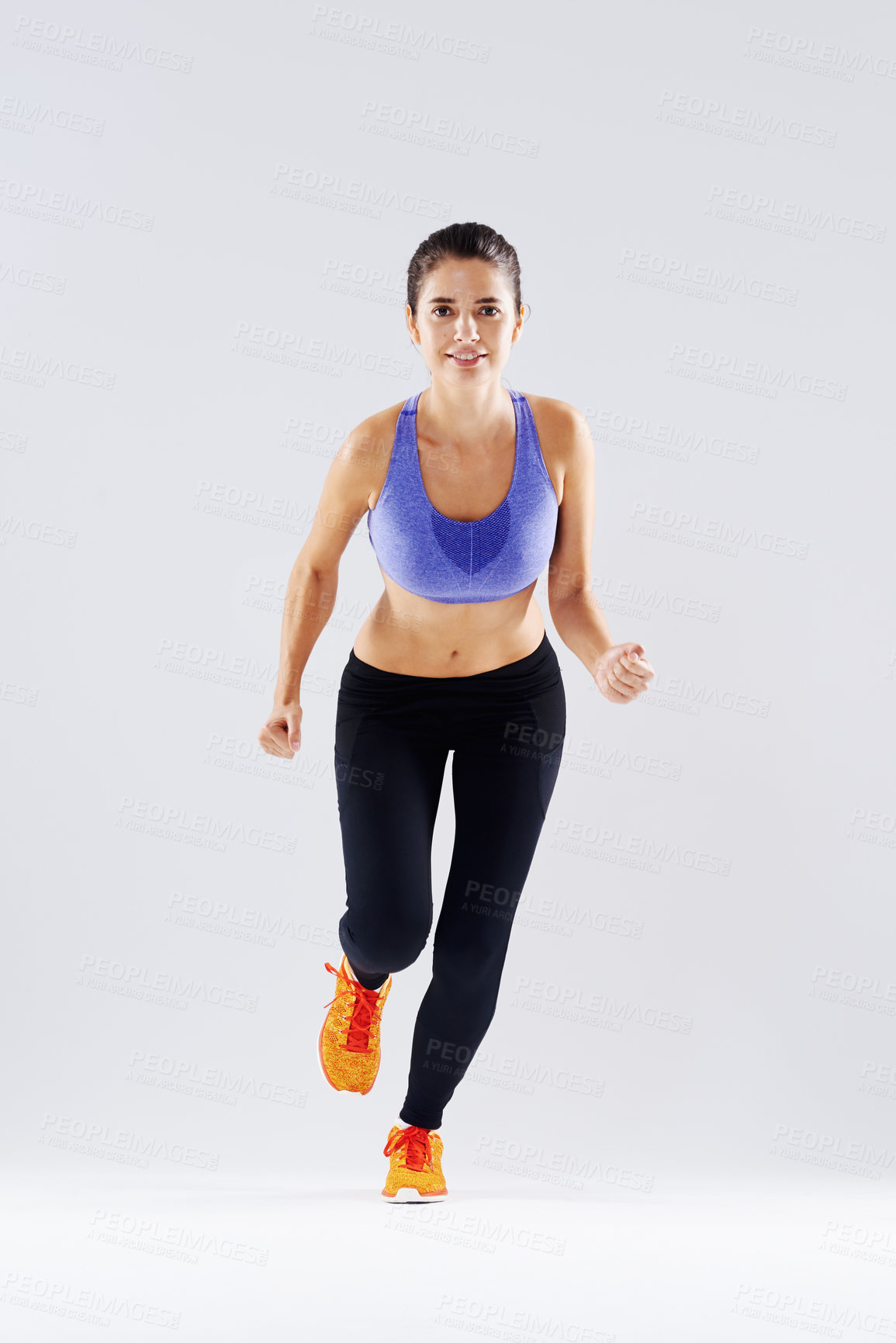 Buy stock photo Happy woman, portrait and running with fitness for workout, exercise or cardio training on a studio background. Active female person or young runner with smile for health and wellness on mockup space