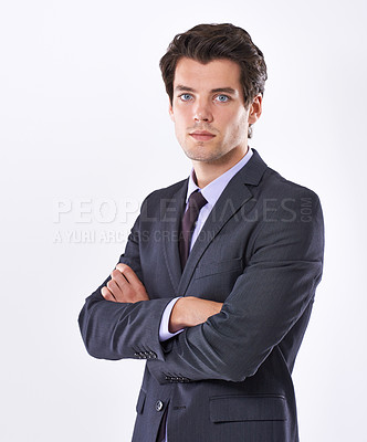 Buy stock photo Businessman, serious and portrait in studio with arms crossed for career pride, corporate law and confidence. Lawyer, professional and employee with mockup for attorney or advisor on white background