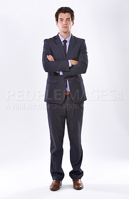 Buy stock photo Businessman, confidence and portrait in studio with arms crossed for career pride, corporate law and serious. Lawyer, professional and employee with space for attorney or advisor on white background