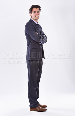 Buy stock photo Businessman, smile and portrait in studio with arms crossed for career pride, corporate law and confidence. Lawyer, professional and employee for attorney and advisor on white background with space