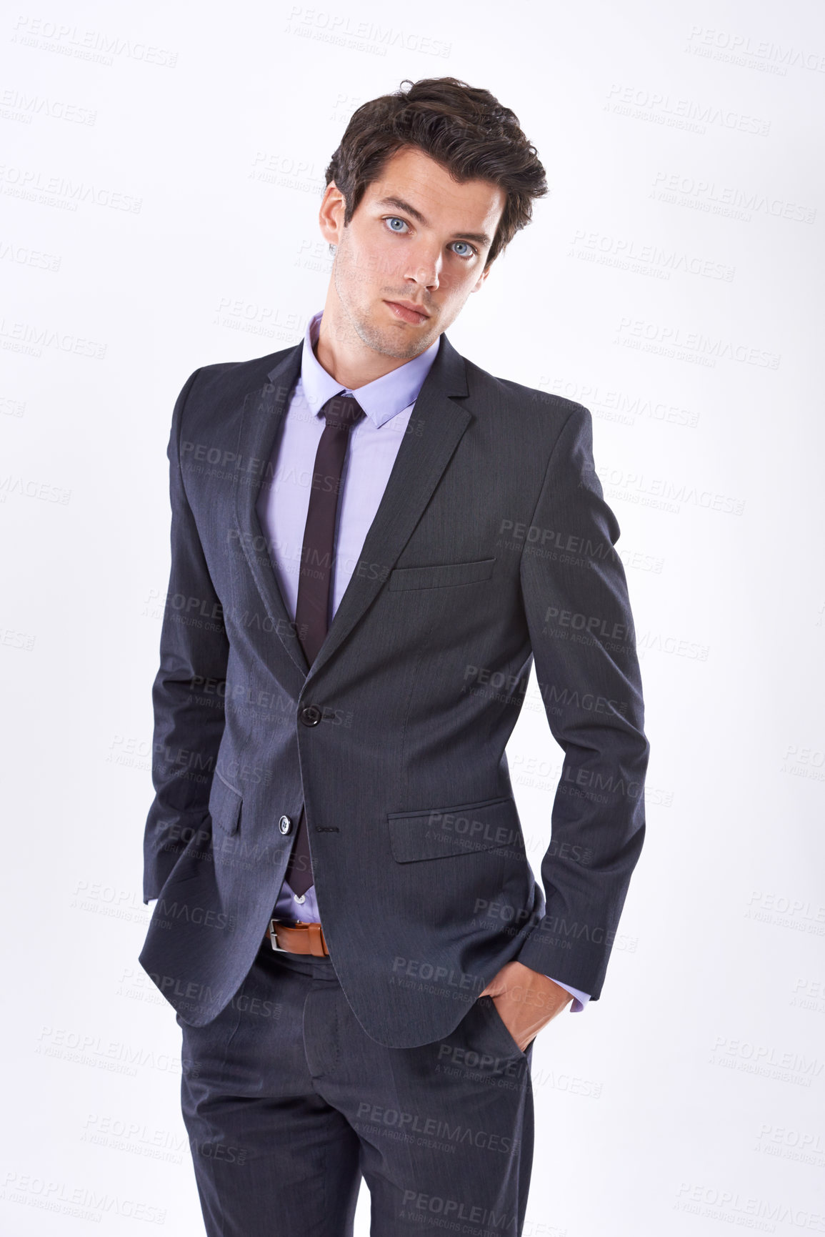 Buy stock photo Portrait, business or salesman in studio with ambition for corporate career or job experience. Insurance agency, confident worker or proud professional employee with suit and tie on white background