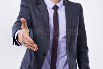 Buy stock photo Business, man and agreement in studio with handshake for corporate deal in white background. Male person, entrepreneur and thank you for career or job opportunity, congratulation and partnership