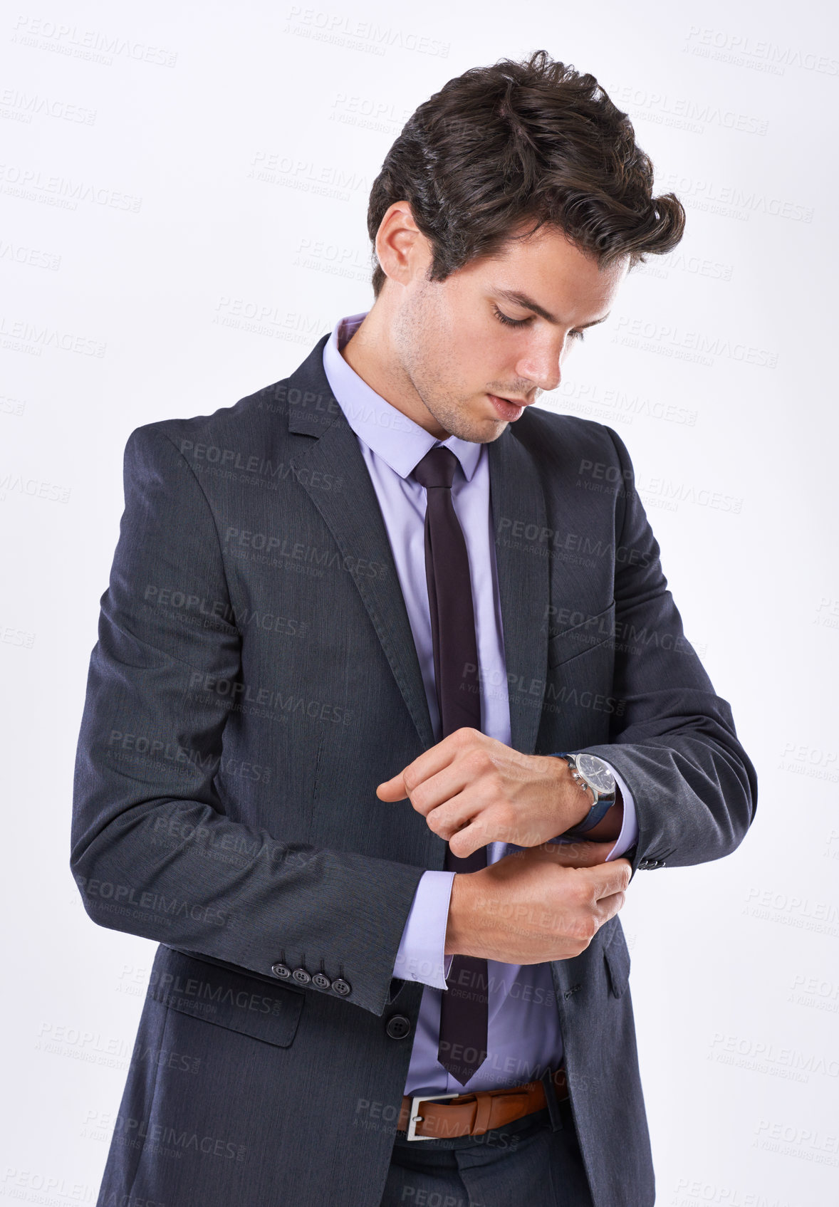 Buy stock photo Businessman, watch and time with suit for deadline, schedule or action plan in studio on a white background. Man, model or employee checking wristwatch in formal or business attire for appointment