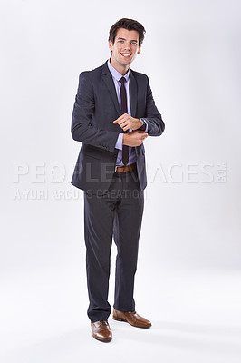 Buy stock photo Portrait, studio and man with smile, confident and ready for case in court, lawyer and happy in mockup. Space, professional and employee in law firm, white background and attorney for justice