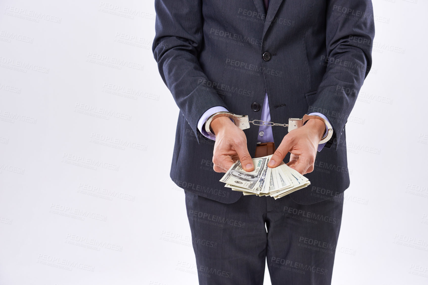 Buy stock photo Handcuffs, cash and hands of businessman with dollars for fraud, bribery or money laundering. Law, financial crime and punishment of criminal with justice, court and stealing with corruption or scam