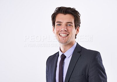 Buy stock photo Portrait, business and man with smile, professional and employee on white studio background. Face, person and economy analyst with confidence, career ambition and accounting with happiness and joy