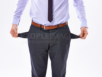 Buy stock photo Businessman, hands and pants with empty pockets for bankruptcy, debt or financial criss on a white studio background. Closeup of man or broke employee with no money, cash or poor finance in loss