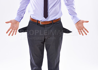 Buy stock photo Hands, poor or businessman with empty pockets for bankruptcy, debt or investment fail. Poverty, broke worker or financial crisis, economic depression or unemployed isolated on white studio background