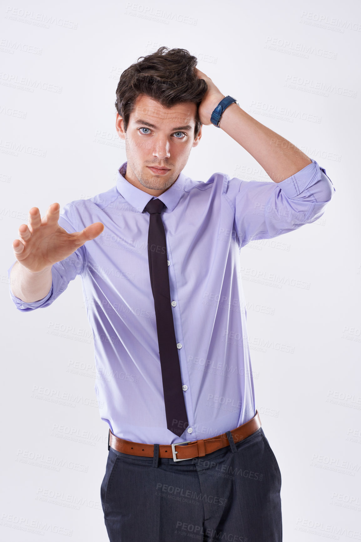 Buy stock photo Stop, portrait and business man with hand gesture for stress, confused or concern in studio. Worker, palm or sign for communication, wait or warning to explain conclusion isolated on white background