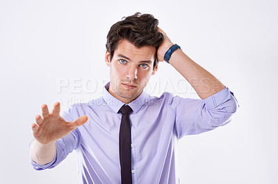 Buy stock photo Business, portrait and man with headache, help and employee on white studio background. Face, person and model with migraine, stress and overworked with burnout, frustrated and deadline for project