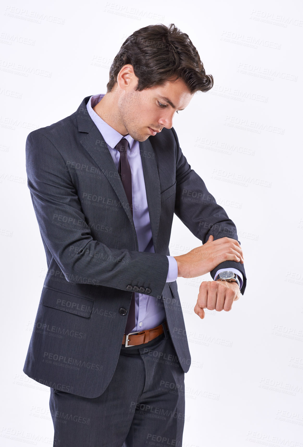 Buy stock photo Business, man and check time on watch in studio for schedule management, meeting reminder and late. Professional, person and reading clock for appointment delay, deadline update and white background
