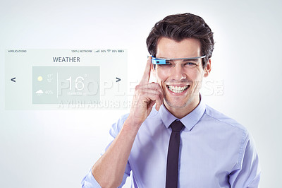 Buy stock photo Businessman, glasses and hologram in studio for information, augmented reality and white background. Male person, employee and check weather or notification for news update, virtual and experience