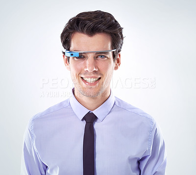 Buy stock photo Business man, virtual reality glasses and studio portrait for information, online and white background. Male person, employee and streaming news update on cyberspace, simulation goggles and user