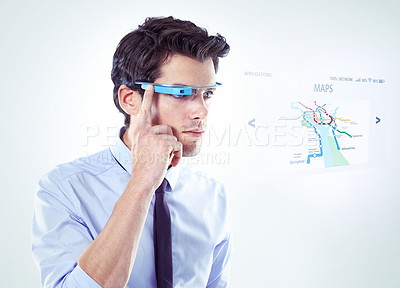 Buy stock photo Smart glasses, business man and map hologram app for navigation, journey or travel to location. Future tech, online or augmented reality for guide, direction or destination on white studio background