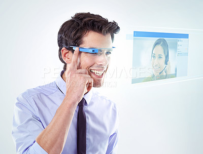 Buy stock photo Business man, smart glasses and hologram for help with call center agent in studio. Future tech, communication and augmented reality with telemarketing consultant for sales advice on white background