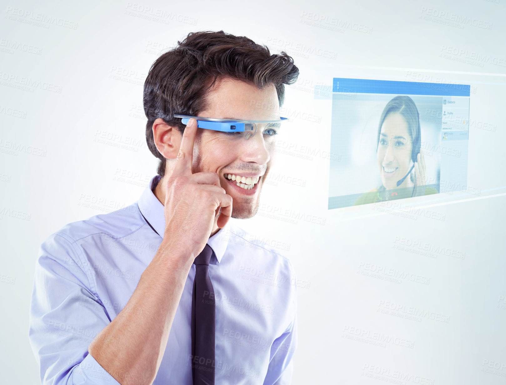 Buy stock photo Business man, smart glasses and hologram for help with call center agent in studio. Future tech, communication and augmented reality with telemarketing consultant for sales advice on white background