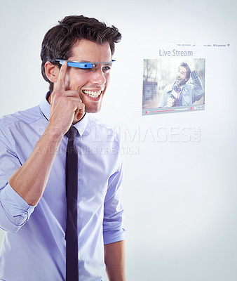 Buy stock photo Businessman, smart glasses and 3d hologram for live streaming news in studio. Future technology, communication or augmented reality to watch journalist for info or politics video on white background