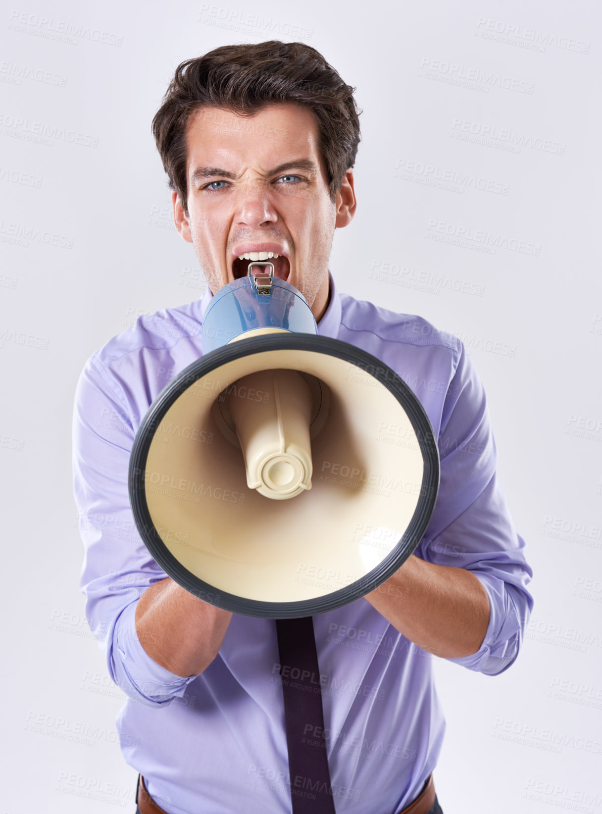 Buy stock photo Businessman, scream and megaphone by portrait in studio for communication, announcement or breaking news. Employee, noise and voice on white background for broadcast, warning and corporate protest