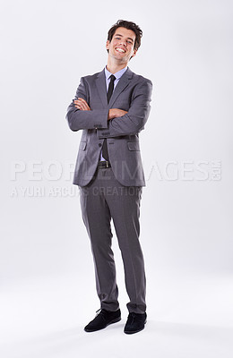 Buy stock photo Business man, pride and crossed arms for confidence, job and professional on white background. Corporate salesman, portrait and ambition in studio with suit, success and happiness for career growth