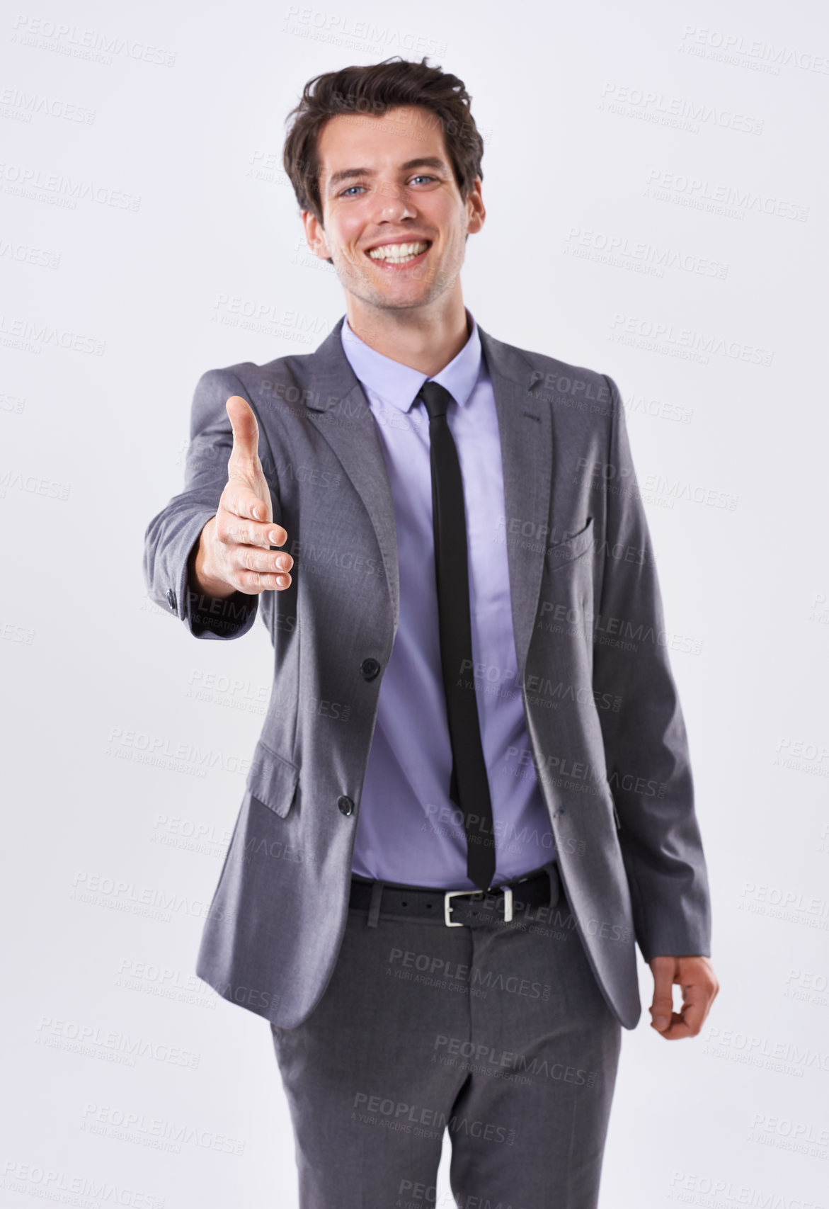 Buy stock photo Business, man and happy with handshake in studio on white background for deal, agreement and partnership. Male person, portrait and smile with confidence for career or job opportunity and achievement