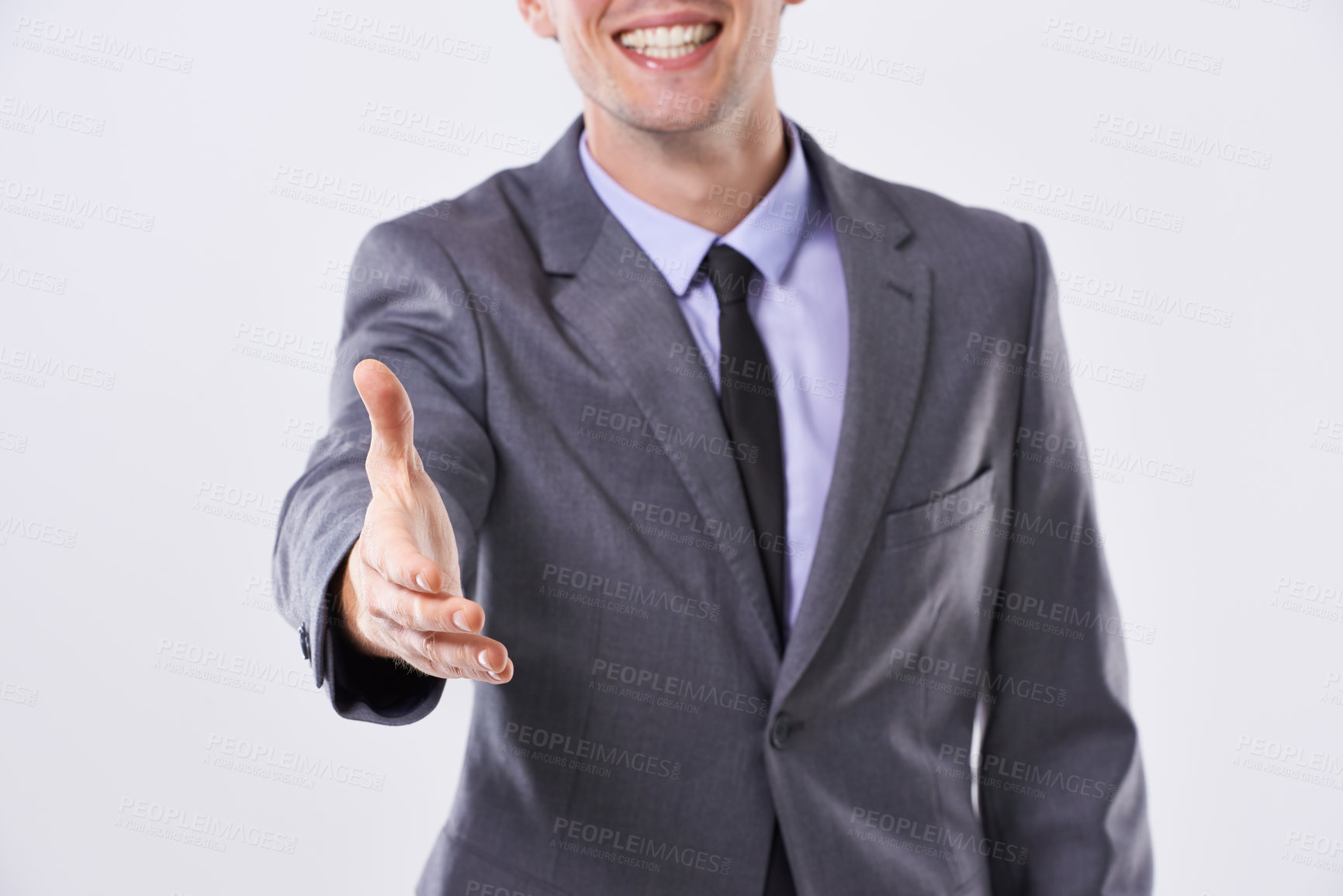 Buy stock photo Businessman, portrait and handshake for introduction, greeting or meeting on white studio background. Happy man, shaking hands and business opportunity for hiring, deal or onboarding agreement